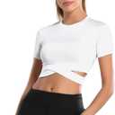 DREAM SLIM Short Sleeve Crop Tops for Women Tummy Cross Fitted Yoga Running Shirts Gym Workout Cropped Tank Tops (White, XS)