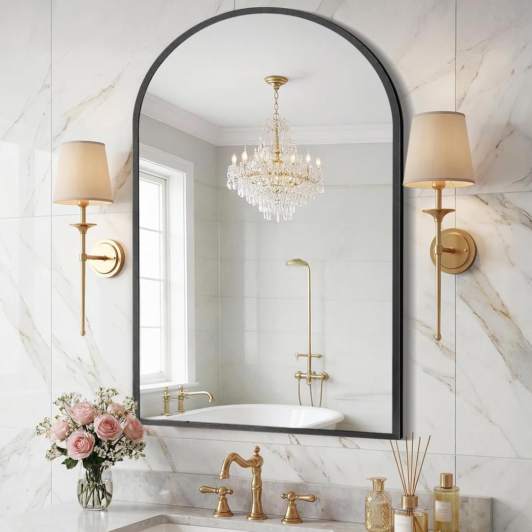 Sweetcrispy 26"x38" Arched Bathroom Mirror, Bathroom Mirrors for Over Sink, Black