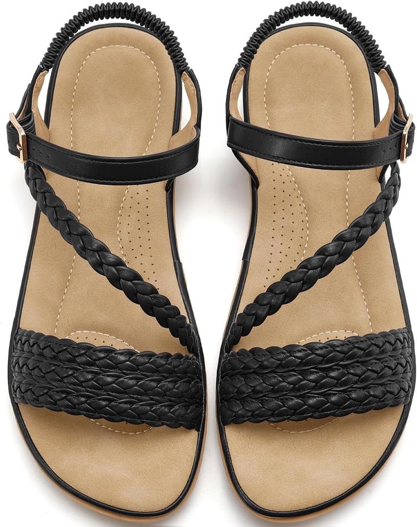 Aomigoct Dressy Womens Sandals Summer: Comfortable Strappy Flats Sandals Women - Casual Walking Woman Shoes, 8.5 Black