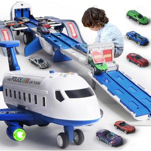 Airplane Toy Race Track Kids Toys, Foldable 4 Layer Toddler Car Track Playset, Toy Plane Transport Car Carrier & 6 Race Cars, Toddlers Toys Birthday Xmas Gifts for Age 3 4 5 6+ Years Old Boys Girls