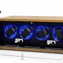 4 Slots Watch Winder for Automatic Watches, Walnut Winding Watch Box with Blue LED & Japanese Quiet Motor for Rolex and Auto Watches, Wooden Rotating Watch Case Used for Display, Storage & Gift