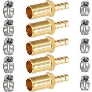 Brass Hose Barb Reducer 5/8" (16mm) to 5/16" (8mm) Reducing Barb Splicer Mender with Stainless Steel Pipe Clamps air Hose Repair kit for Pipe Line/Fuel/Air (Pack of 5) (5/8" to 5/16")