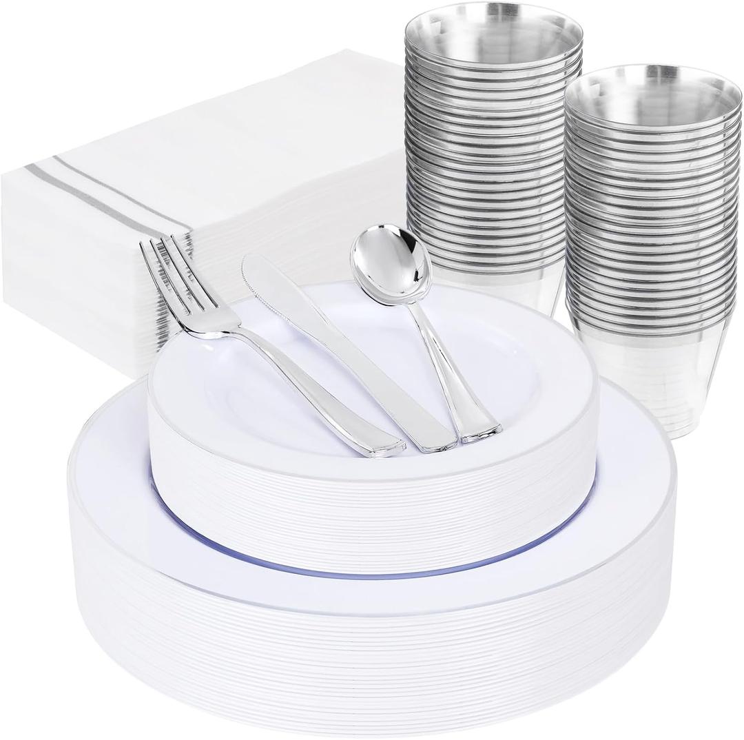 SUT 175 Piece Silver and White Plastic Dinnerware Set for 25 Guests, Disposable Plastic Plates, Include: 25 Dinner Plates, 25 Dessert Plates, 25 Pre Rolled Napkins with Silver Silverware, 25 Cups