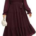 SCOMCHIC Women's Plus Size Dress Long Sleeve Square Neck Swiss Dot Chiffon Smocked A Line Ruffle Cocktail Maxi Dresses (XXXL)