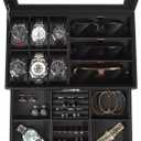 Jewelry Box for Men, 6 Slot Watch Box Jewelry Organizer With Drawer, Watch Case for Men with Large Window, 2-Layer Watch Holder, Sunglasses Storage Organizer, Velvet Lining, Fathers Day Gift