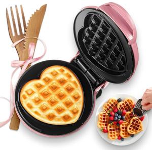 Mini Waffle Maker(Heart),Small Waffle Maker Keto,Mini Wafflera Iron for Kids Family and Individuals,4'' Non Stick Cooking Plates with Fast & Even Heating,(Pink)