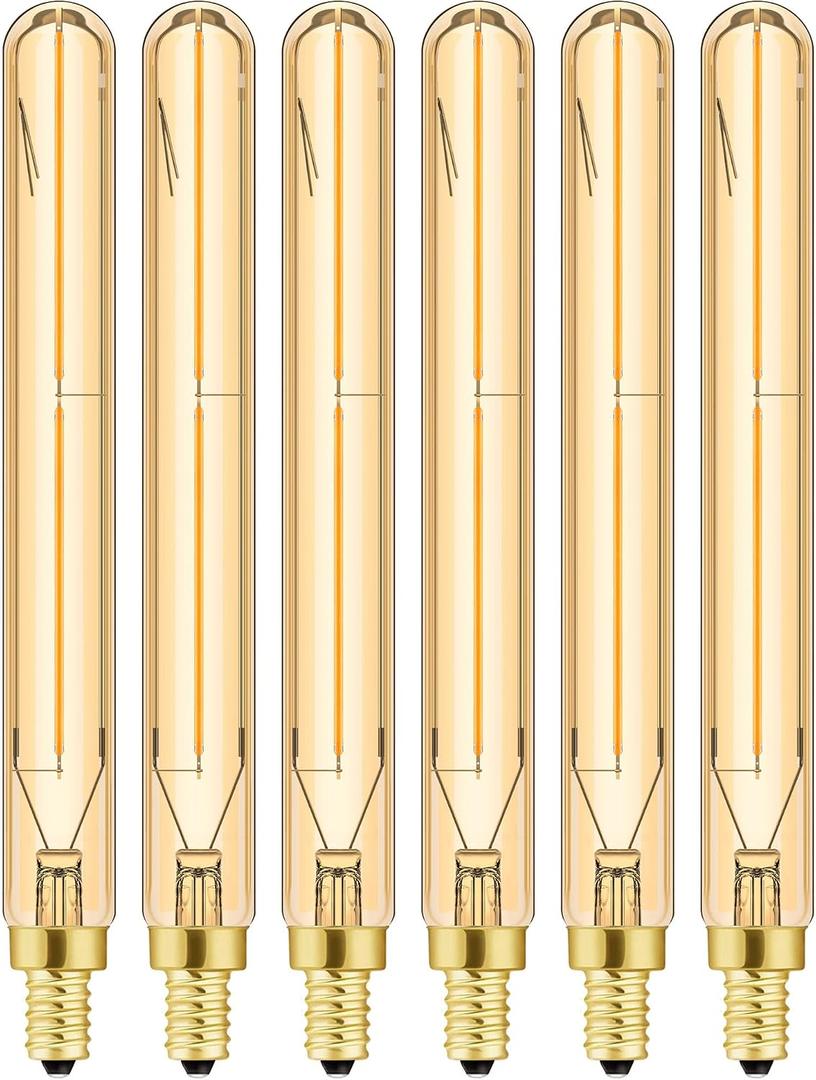 E12 Long Led Bulbs 4W Dimmable E12 Candelabra Bulb Warm White 2500K Amber Tubular Light Bulb 40 Watt T6 Edison Bulb 400lm 7.3Inch Vintage LED Filament, 6Pack