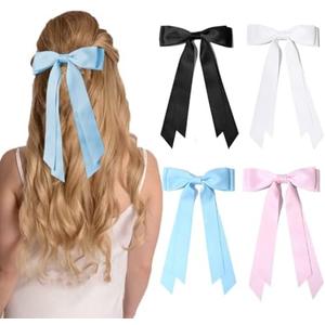 Pack of 2 4PCS Hair Bows Hair Clips, RSWETE Stain Bow Hair Ribbon for Women Girls French Barrette Ponytail Bow Clip Hair Accessories Elegant Cute (White & Black & Pink & Blue)