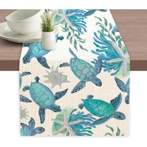 Sea Turtle Starfish Coral Table Runner Linen Long Farmhouse Rustic TableRunner for Party Holiday Dining Room /Kitchen,13 x 70 Inches
