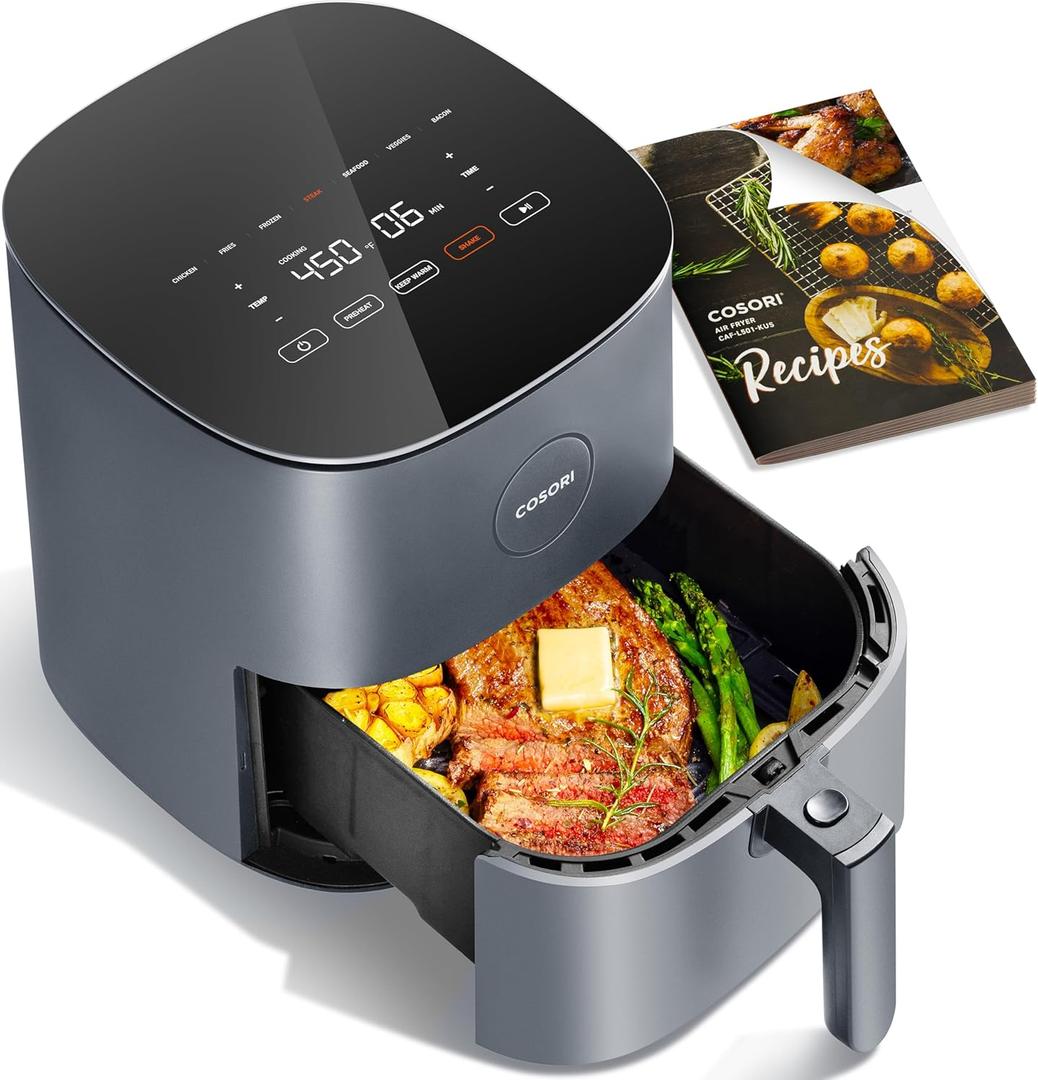COSORI Air Fryer Pro 9-in-1, Compact 5QT, 450: Half Time & Chef-Grade Cook, One-Wipe Clean Glass Panel, 130+ In-App Recipes with Nutritional Info, Nonstick & Dishwasher-Safe Basket, Gray (5 QT, Grey)