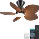 Low Profile Ceiling Fans with Lights and Remote/APP Control, 30 Inch Small Tropical Ceiling Fan with Light Flush Mount, Outdoor Palm Leaf Ceiling Fans for Patios Porch, Quiet, Brown