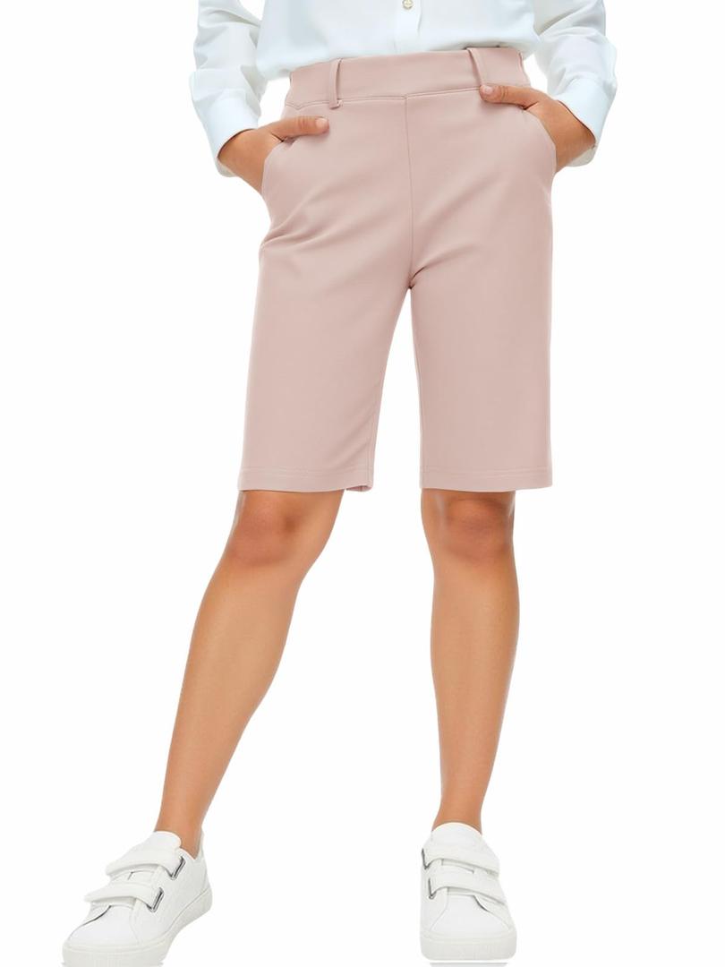 CharmWM Girls School Uniform Bermuda Shorts Elastic High Waisted Straight Leg Midi Short Pants with Pockets Pink (Pink)