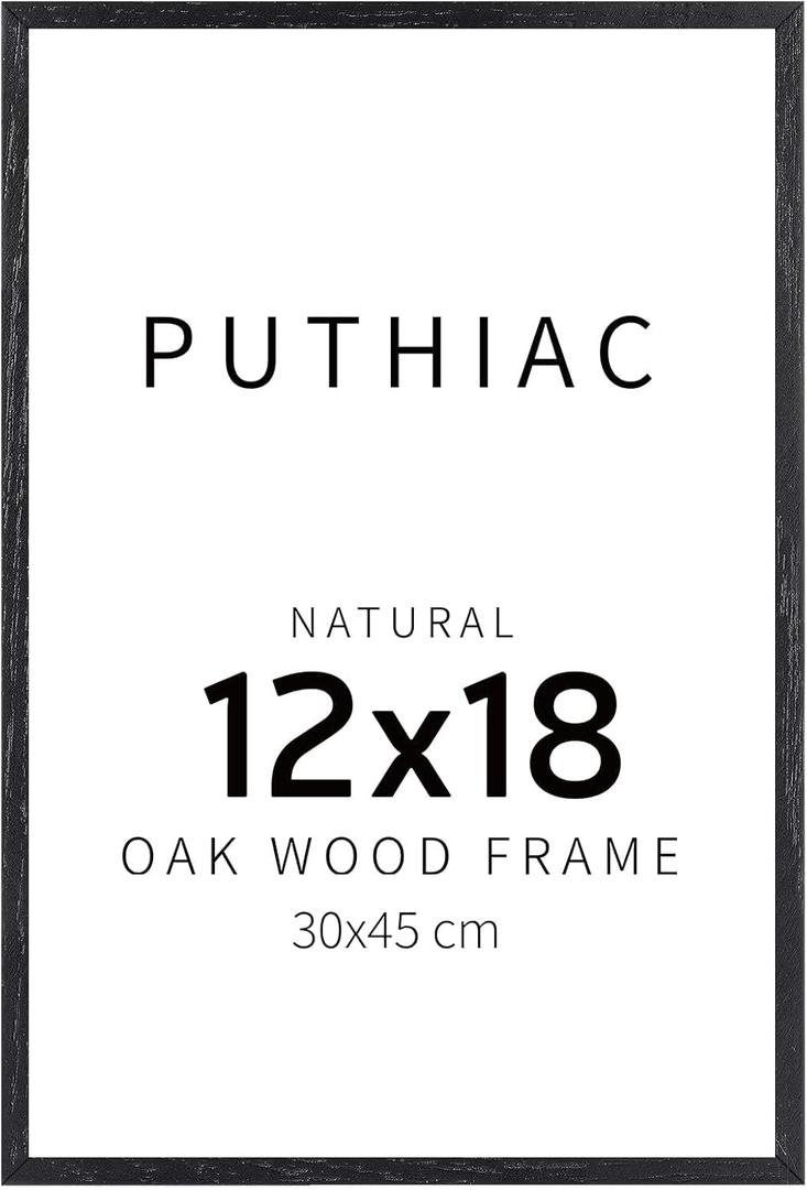 puthiac 12x18 Solid Oak Wood Picture Frame, Fits 8x12 with Mat or 12x18 Without Mat, Wall Display Only, Vertical or Horizontal, Plexi Front, 1 Pack, Black