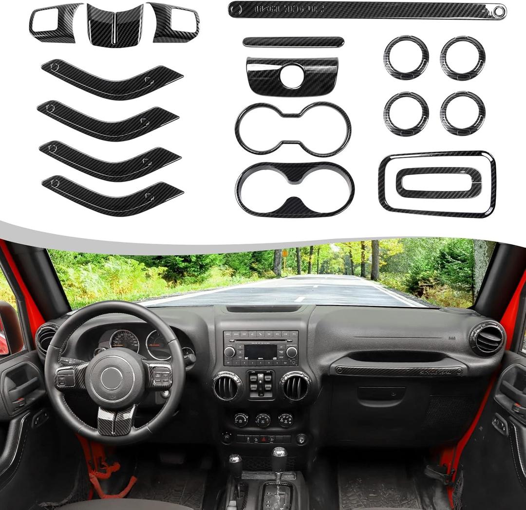 18PCS Full Set Interior Trim Kit for Jeep Wrangler JK JKU 2011-2018 4 Door, Center Console Door Handle Side Outlet Cup Holder Gear Cover Trim (Carbon Fiber)