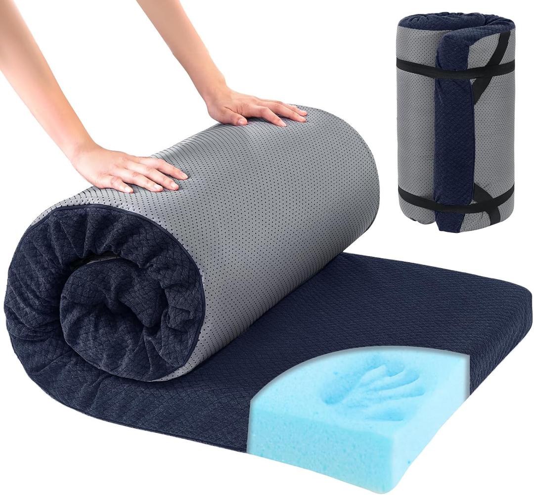 HOMBYS Memory Foam Camping Mattress Pad,Portable Sleeping Pad for Adult,Waterproof Cot Mattress,Roll Up Floor Mattress,Foldable Backpacking Travel Bed for Hiking,Guest Bed (Dark Blue)