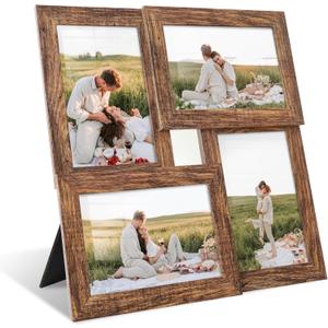 4x6 Collage Picture Frames, Multi Family Photo Frame with Real Glass, Displays Four 4x6 Photo, Wall Decor Wall Hanging or Tabletop, Rustic Brown