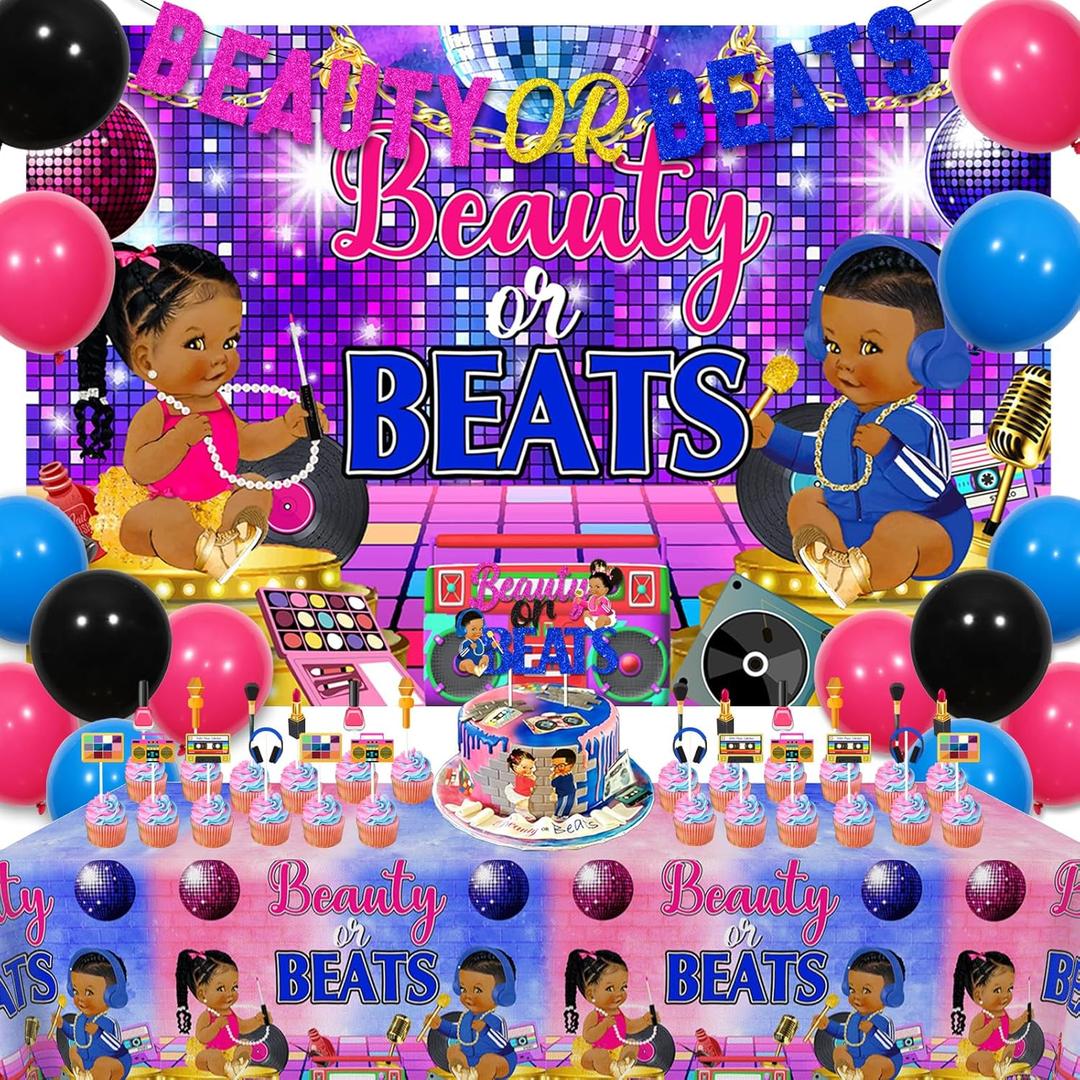Beauty or Beats Gender Reveal Decorations Red and Blue Backdrop Table Cloth Banner Cake Toppers Balloons for He or She 80s 90s Retro Disco Hip Hop Music Themed Boy or Girl Baby Shower Supplies