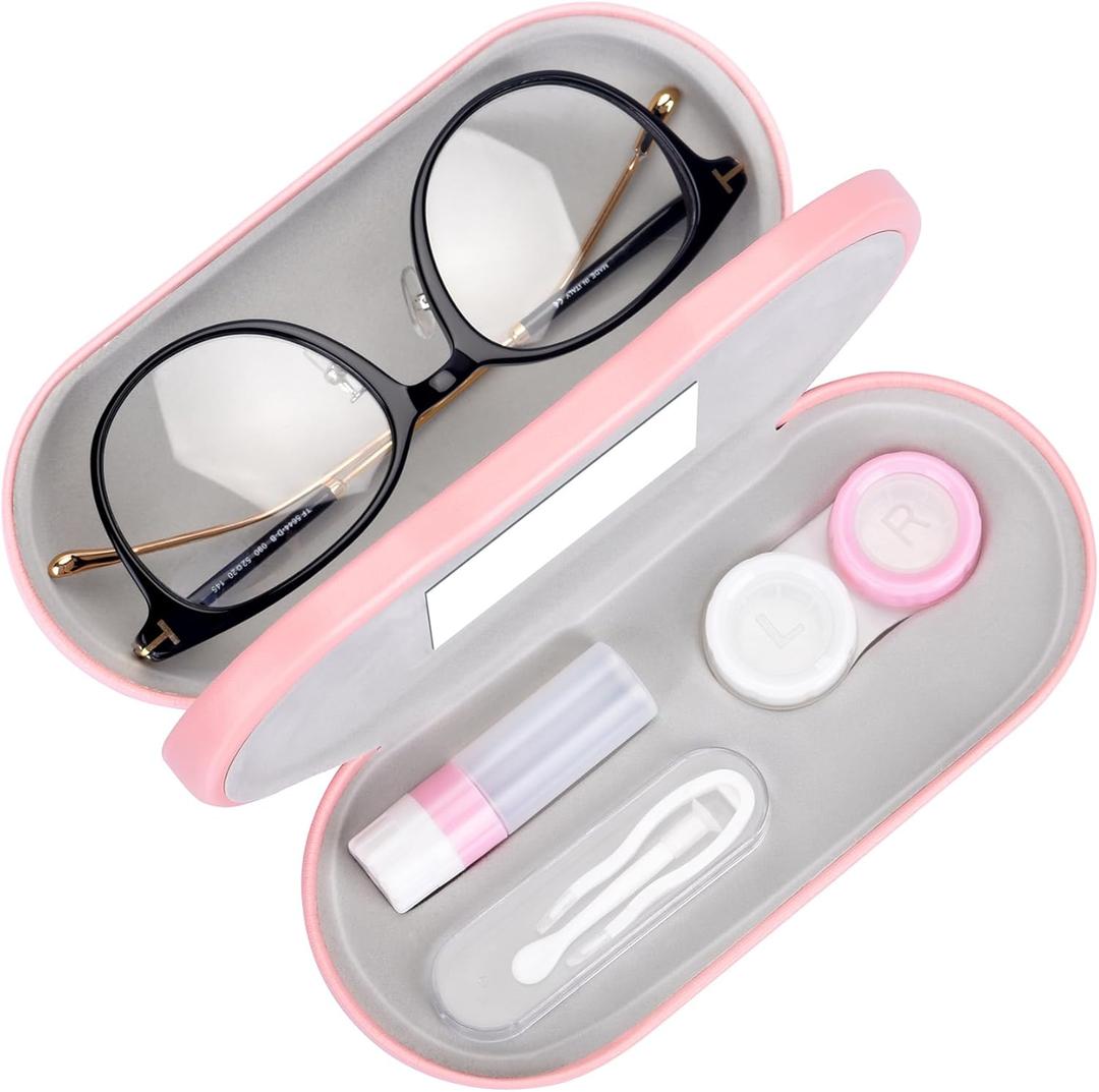 Muf 2 in 1 Contact Lens Case and Glasses Case, Double Sided Design with Mirror, Portable Travel Kit with Tweezer, Remover and Solution Bottle, Pink