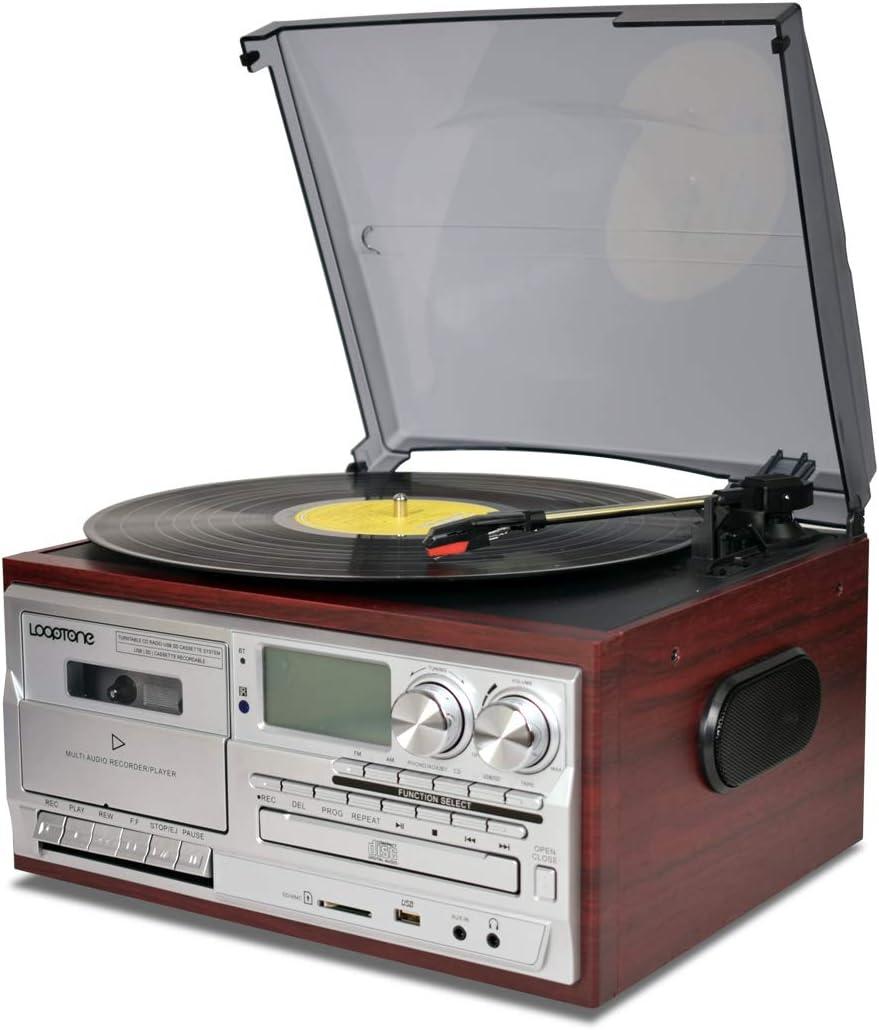 LoopTone Vinyl Record Player 9 in 1 3 Speed Bluetooth Vintage Turntable CD Cassette Player AM/FM Radio USB Recorder Aux-in RCA Line-Out (Silver)