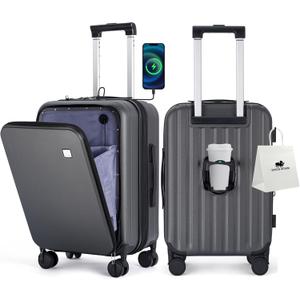BISON DENIM 20 Inch Carry On Luggage, PC Lightweight Hardside Expandable Carry-On Luggage Airline Approved With Spinner Wheels, Front Compartment, Cup Holde, TSA-approved Lock, USB Port, Dark Grey
