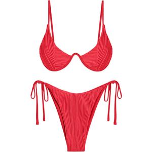 ZAFUL Women's Bikini Sets Ribbed Two Piece Swimsuits Underwire Adjustable Back Clasp Bathing Suit Side Tie Thong Swimwear (Red) S