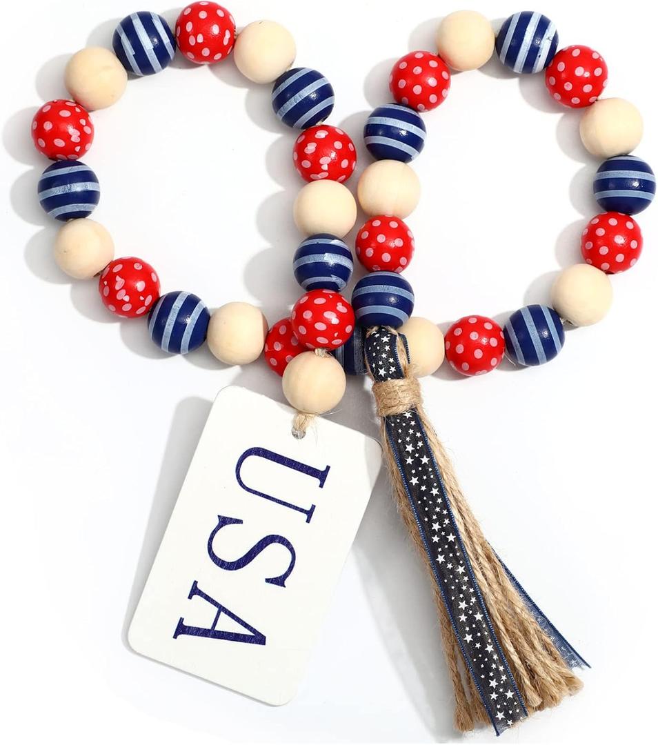 Jetec 4th of July Red White Blue Bead Garland 250th Patriotic Wood Tassle Bead Decorations Red Blue USA Tiered Tray Decor Garland for American Anniversary Independence Day Vase Tiered Tray