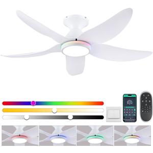 46" Ceiling Fans with Lights Remote/APP Control, Low Profile Ceiling Fans with Dimmable White Colors+Ring RGB Lights, 6 Speeds 5 Reversible Curved Blades for Kids Room Bedroom Living Room Bar, White