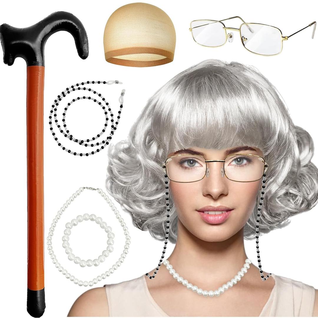 Old Lady Wig Costume Set for Women Girls,Short Curly Gray Hair Grandma Wig,Granny Costume Accessories Set for 100 Days of School Costume,Old Woman Cosplay,8 Pieces