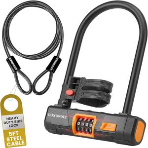 Heavy Duty Bike Lock with 5ft Steel Cable, 4-Digit Resettable Combination U-Lock, Durable Cable Lock for Secure U Lock Bike Protection