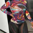 Women's Marble Print Long Sleeve Tee Shirt Mock Neck Slim Fitted Party Club Mesh Tops (M)