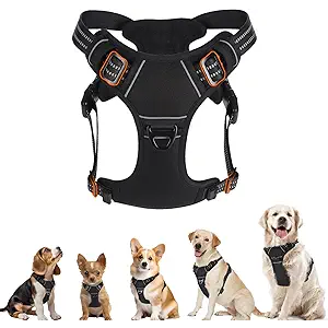 BXPAW Dog Harness No Pull, Adjustable Dog Vest Harness Super Soft, 2 Leash Clips Anti Pull, Vertical Handle Easy to Control, Reflective Night Walking for Large Breed, Black, L