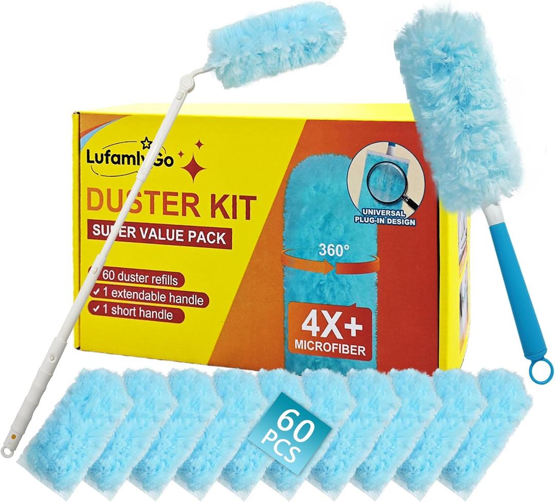 60PCS Fluffy 360 Heavy Duty Duster Refills fits Swiffer Duster, 4X Dust Capture Power, Unscented Disposable Electrostatic Dusters with 3ft Extended Handle for Furniture, Electronics, Blinds (Blue)