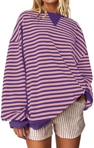 Darong Women Oversized Striped Color Block Long Sleeve Crew Neck Sweatshirt Casual Cotton Pullover Sweatshirts Fall Cloth, Medium 