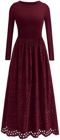 dowerme Women Fall Dresses 2025 Casual Long Sleeve Crewneck A-Line Boho Eyelet Cotton Maxi Wedding Guest Dress Pockets, Size Medium