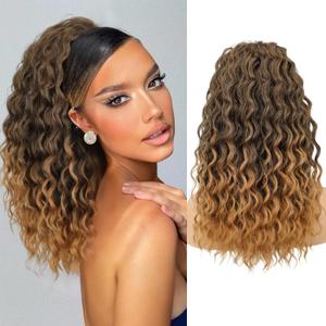 Isaic Ponytail Extension 16 Inch Wavy Curly Ponytails Drawstring Ponytail for Black Women Ombre Light Brown Pony Tails Hair Extensions Natural Synthetic Hairpiece for Daily Use