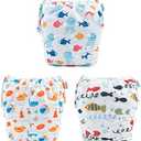 Babygoal Swim Diapers 3 Pack for 8M-3T Babies and Toddlers, Reusable Adjustable Washable for Baby Girl and Boy Swimming Lessons-Fish,Duck L