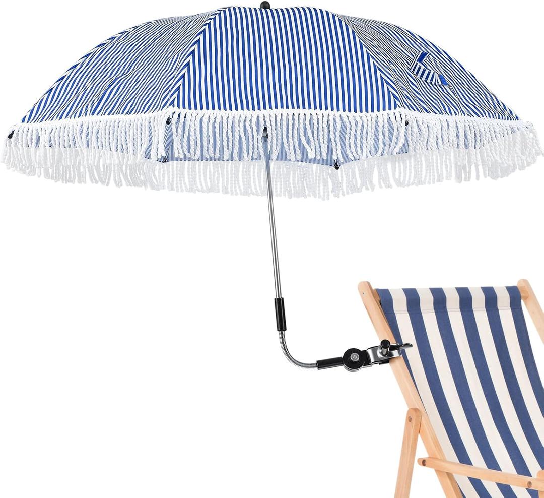 Eccliy Fringe Tassel Chair Umbrella with Clamp 360 Adjustable, UPF 50+ 41. 34'' Blue and White Stripes Clip on Umbrella for Beach Outdoor, Patio, Camping, Golf Cart (Chair Not Included)