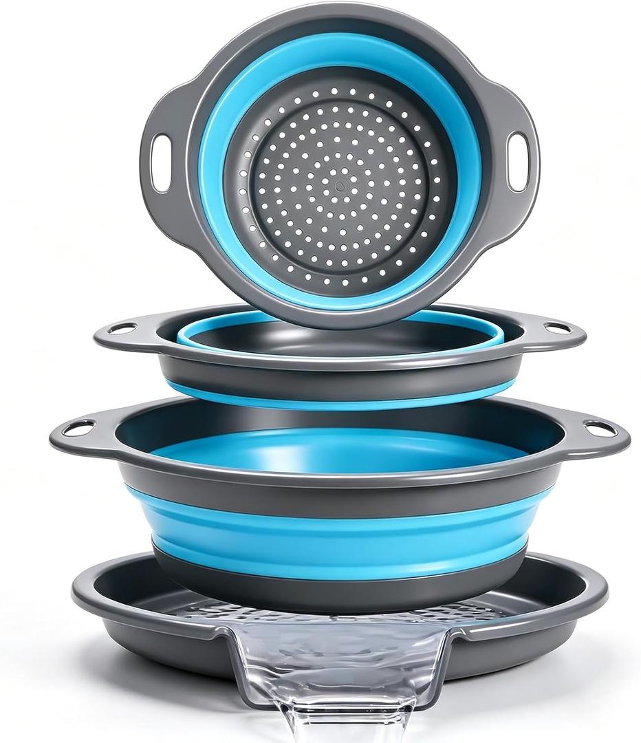 Collapsible Colander Set with Oversized Draining Tray | 3-Pack Foldable Kitchen Strainers + Base | Space Saving for Pasta, Veggies, Fruit & Rice | 5 Colors (Gray-Blue)