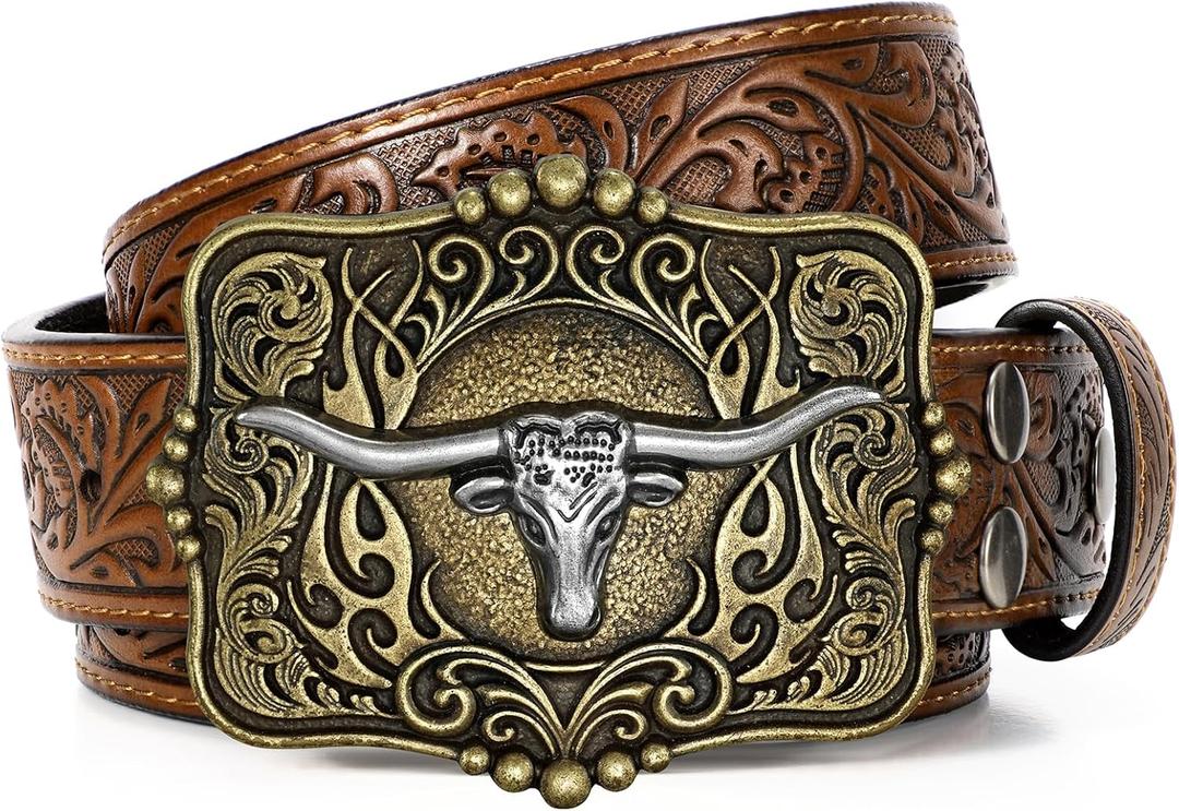 SANSTHS Cowboy Belt Western Belts for Men Women, Western Leather Belt Cowboy Cowgirl Belt Embossed Leather Belt for Jeans (Brown)