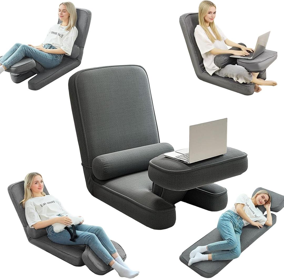 ZALL Grey Floor Folding Recliner Chair, Adjustable Back Support - Ergonomic Comfort for Game Room, Home Reading Leisure