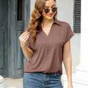 Vivilli Business Casual Tops for Women Ladies Collared Shirts Short Sleeve Tunic Blouses Summer Polo Tshirts 2022 Fashion Women's Office Clothes Flattering Tops Mocha M