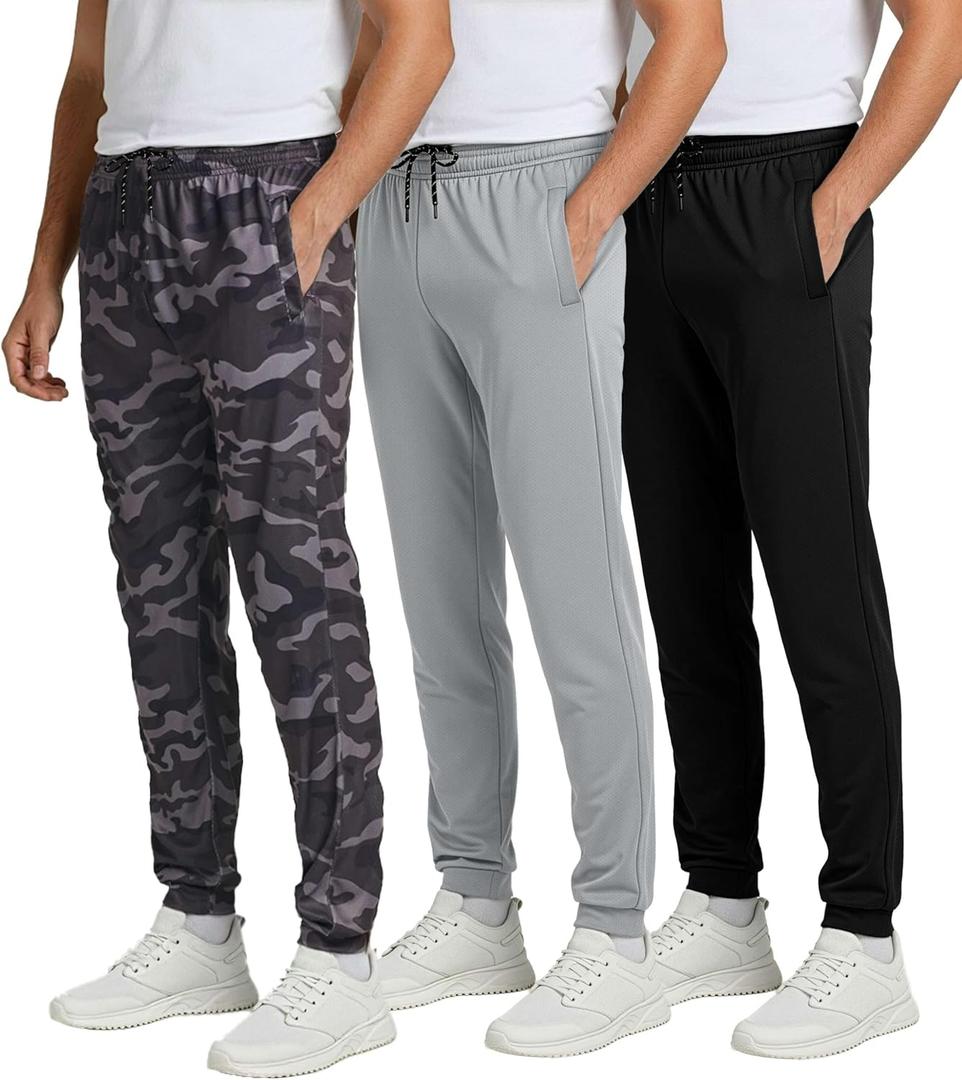 Real Essentials 3 Pack: Men's Tech Mesh Active Athletic Casual Jogger Sweatpants with Pockets (Medium)
