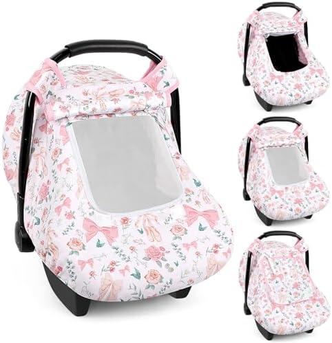 Baby Car Seat Cover Winter, Windproof Carseat Covers for Newborn with 2 Layers Window, Pink Flowers Infant Car Seat Canopy for Girls with Minky Dot Backing, Keeps Babies Warm and Cozy