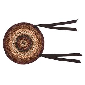 VHC Brands Beckham Round Seat Cushion Chair Pad, Red Black Tan, Jute Blend with Ties, 15x15 Inches