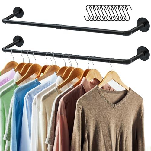 ERYTLLY Industrial Pipe Clothes Rack 36.2”, 2 Set Multi-purpose Wall Mounted Iron Garment Rod,Heavy Duty Detachable Hanging Clothes Rack for Closet Rod (Black,2 Base)