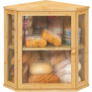 Corner Bread Box for Kitchen Counter, Bamboo Wood Large Capacity Bread Storage Bin with Acrylic Wavy Door Panel (Natural, Extra Large)