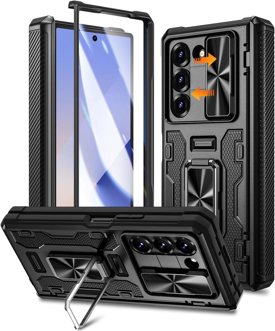 Caka Case for Galaxy Z Fold 6 - Full Body PC & TPU Dual Layer Shockproof Case with Ring Stand, Screen Protector, Hinge Protection & Slide Camera Cover, Black