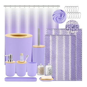 SLDIYWOW Purple Bathroom Accessories Set with Ombre Shower Curtain and NoSlip Bath Rugs,24PC Bath Sets with Trash Can, Toothbrush Holder, Cup, Soap Dispenser, Tray, Soap Dish,Toilet Brush,Qtip Holder