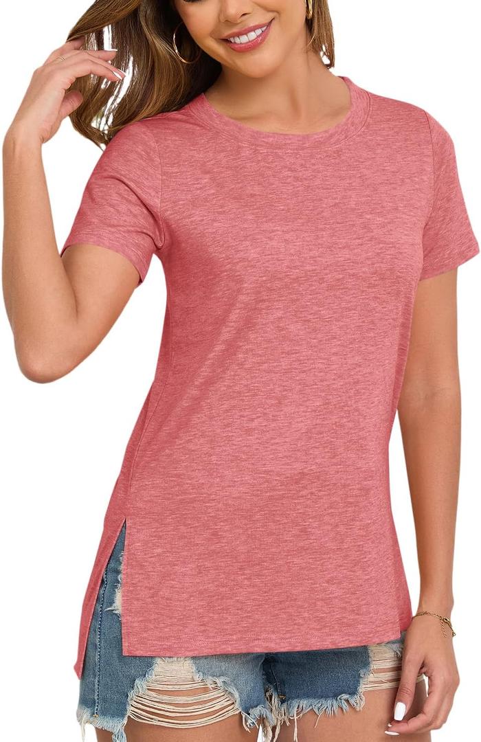 Womens Side Split Casual Summer Tops Short Sleeve T-Shirts (Red, M)
