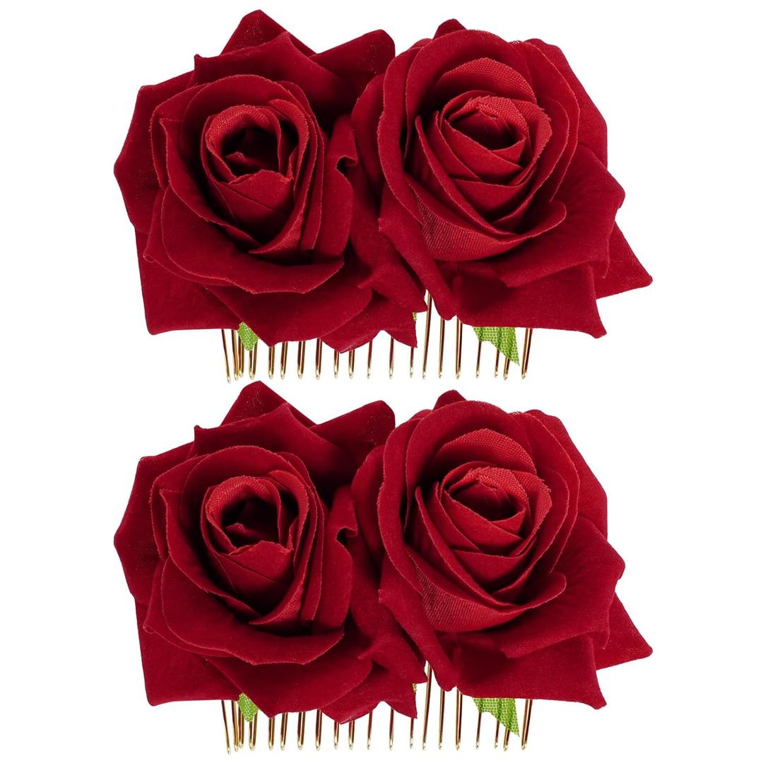 2 Pack Rose Flower Hair Clip Comb Wedding Floral Clips Hairpin Mexican Hair Accessories for Woman Girl Halloween Valentines Mother's Day Flamenco Dancer (Red)